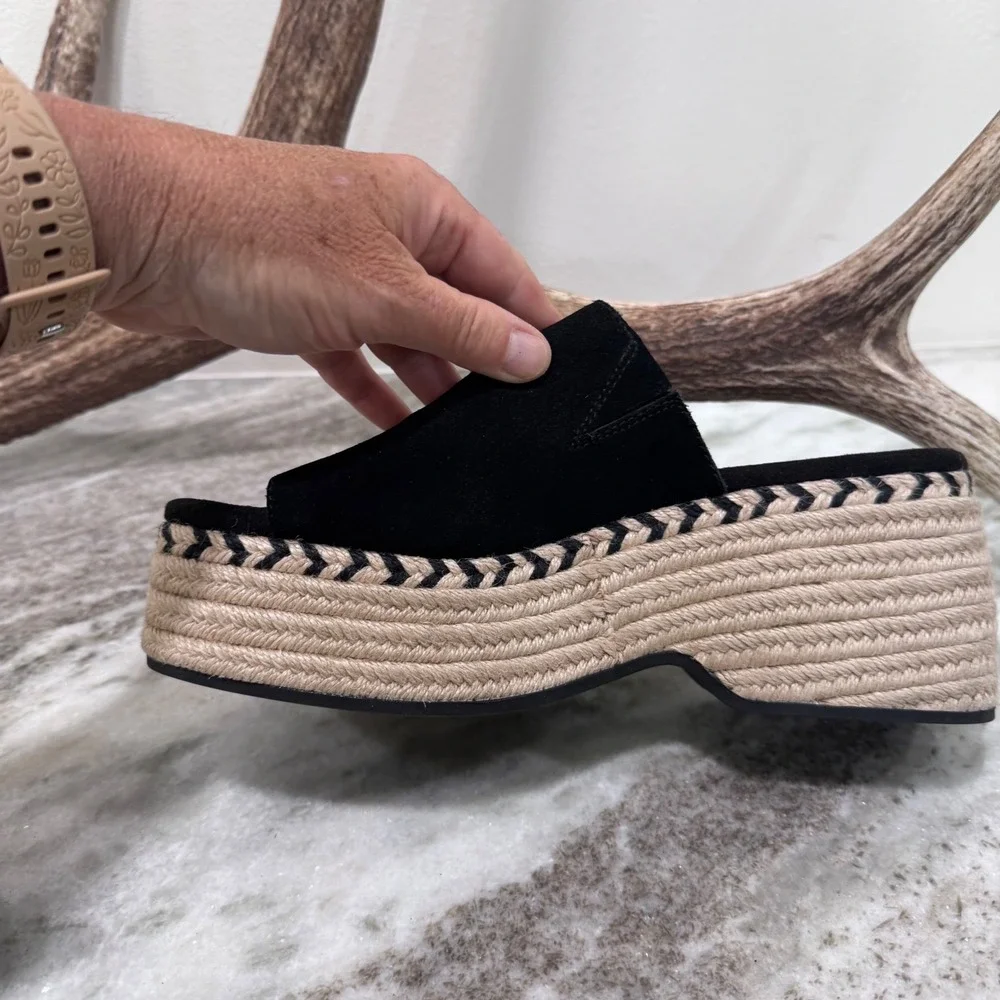 TOMS Diana Black Suede Espadrille Platform Wedge Sandals Womens 9.5
